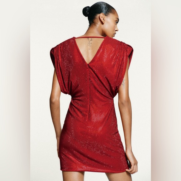 ZARA NWT SHORT DRESS WITH RHINESTONE SHOULDER PADS SIZE M red Valentine’s day - Picture 6 of 16